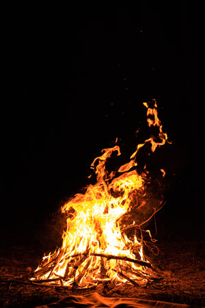 Orange flames fire, remnants bonfire with sparks in forest glade at night near riverside. Charred...