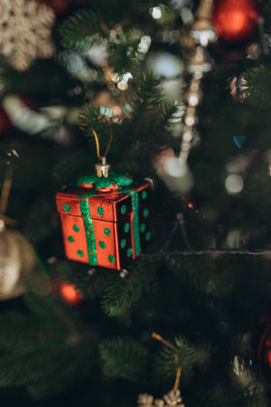Christmas composition with New Year toys, silver and red figures. garland. Celebrating Merry Happy...