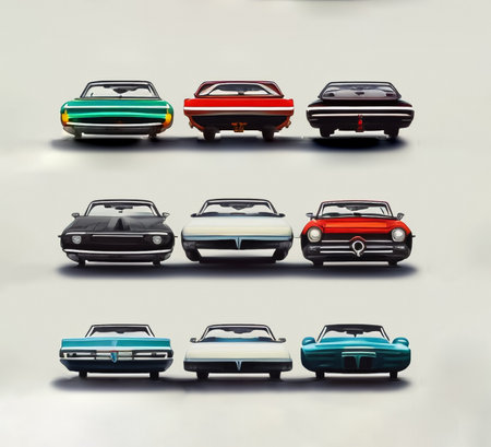 Collection of vintage cars on a gray background. 3d rendering.の素材