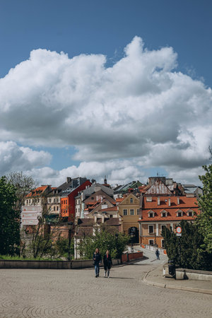 Lublin, Poland- May 10, 2023: view to the city from Main Entrance Gate of the Neo-gothic Part of Lublin Castle. medieval buildings, architecture in sunny spring dayのeditorial素材