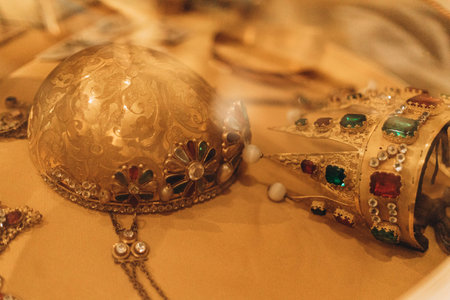 Milan, Italy- May 13, 2023: golden jewelry, art in museum at Teatro alla Scala Opera House....