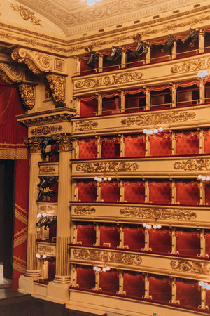 Milan, Italy- May 13, 2023: Main concert hall of Teatro alla Scala, an opera house in Milan, Italy. Opened in 1778, Scala is regarded as one of the leading opera and ballet theaters in the world.のeditorial素材