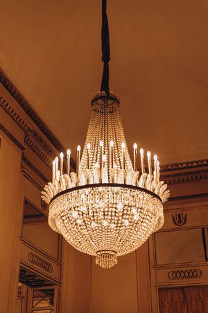 Milan, Italy- May 13, 2023: Teatro alla Scala Opera House. The museum at the theatre. Beautiful interior design with Vintage chandelier lamps in Scala cinema theater , Cultural entertainment.のeditorial素材