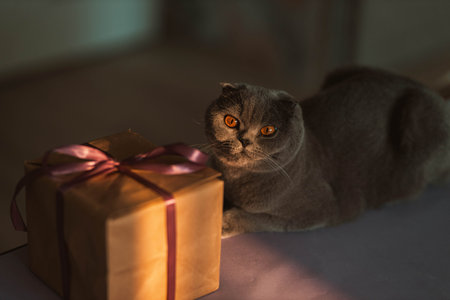 Short-haired gray breed Scottish fold cat posing with a violet ribbon giftbox with a bow on a sunset light at home, blurred background. happy birthday concept. Preparing for the holidayの写真素材