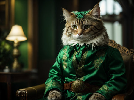 Portrait of a beautiful cat in a green suit sitting in a chairの素材