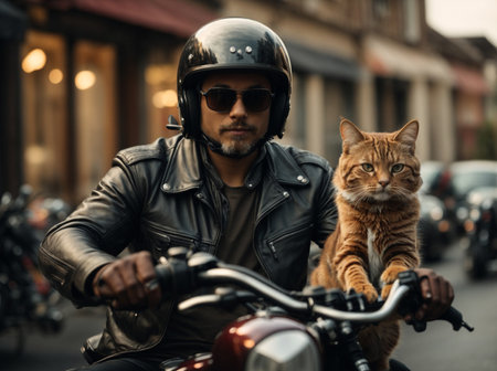 Handsome man in leather jacket and sunglasses riding a motorcycle with his cat on the street.の素材