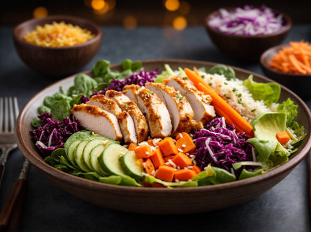 Salad with chicken and vegetables in a bowl on a dark backgroundの素材