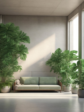 Interior of modern living room with white walls, concrete floor, green sofa and plants. 3d renderの素材