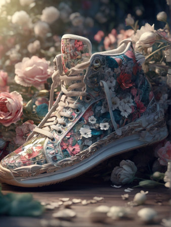 Sneakers and flowers on a wooden background. Vintage style.の素材