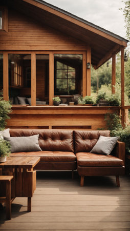Wooden house terrace with brown sofa and wooden table on terraceの素材