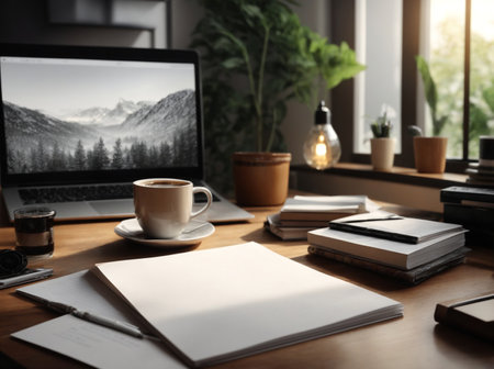 Workplace with laptop, coffee cup and other items on wooden tableの素材