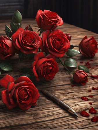 Beautiful red roses and pen on wooden table. Valentines day backgroundの素材