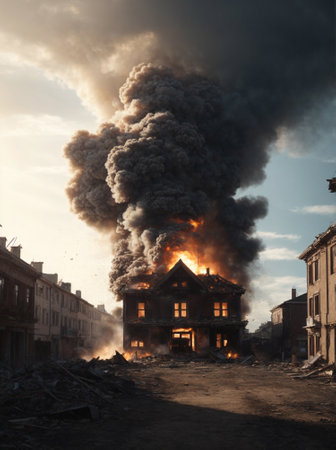 Burning house in the city. Concept of disaster and fire.の素材
