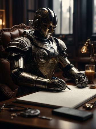 Knight in armor sitting at the table and writing in his diary.の素材