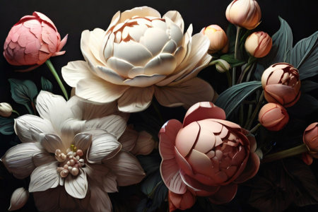 Bouquet of white and pink peonies on a black backgroundの素材