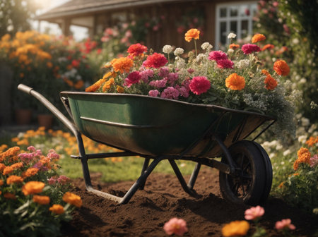 wheelbarrow with flowers in the garden at sunset. Gardening conceptの素材