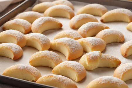 Biscuits sprinkled with powdered sugar on baking sheet, closeupの素材