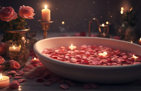 Spa still life with rose petals and candles on wooden backgroundの素材