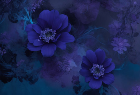 Blue flowers on a dark background. Digital painting. 3D illustration.の素材