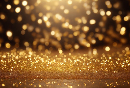 Gold glitter vintage lights background. Holiday glowing backdrop. Defocused.の素材