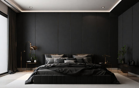 Dark bedroom interior with black walls, carpet on the floor and master bed with black lines. 3d renderingの素材