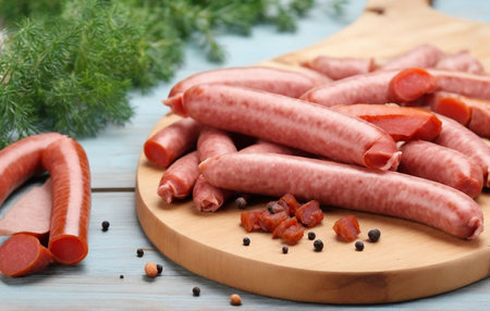 Raw sausages on cutting board on wooden table, closeupの素材