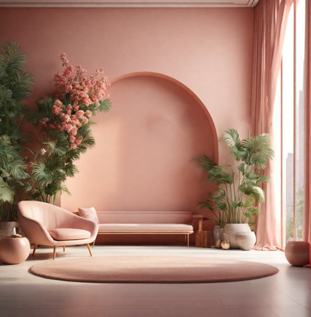 Interior of modern living room with pink walls, 3d renderの素材