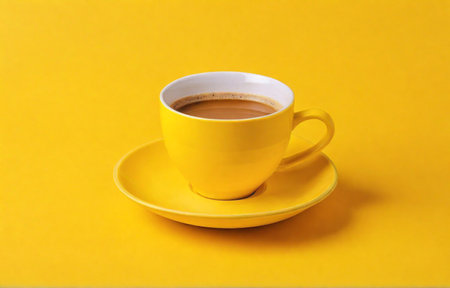 Yellow cup of coffee on yellow background. Coffee break concept. Copy space.の素材