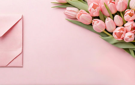 Bouquet of pink tulips and pink envelope on pink backgroundの素材