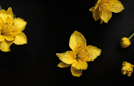 Yellow lily flowers on a black background. Flat lay, top view.の素材