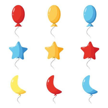 A collection of cartoon balloons of various shapes for decorating a festive party. A set of elements for the design with balloons. Vector simple and cute illustration. The concept of the holidayのイラスト素材