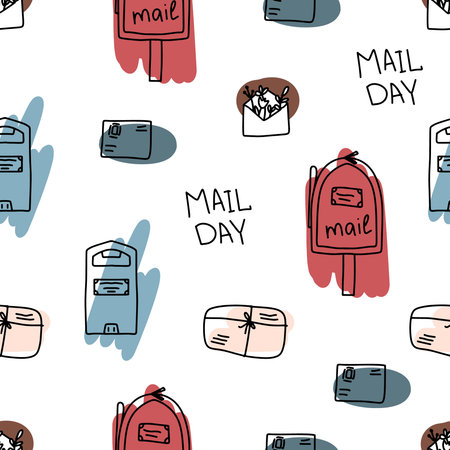 Seamless pattern with parcels and letters. World Mail Day. A set of mailboxes, parcel delivery, a...
