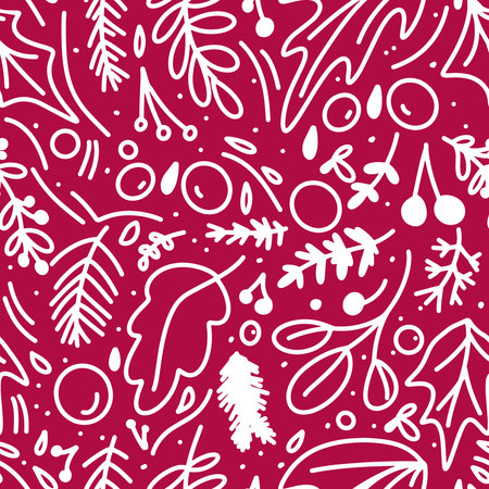 Seamless Christmas pattern, New Years pattern with fir branches, berries and leaves. Decorative...