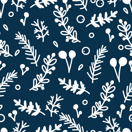 Seamless Christmas pattern, New Years pattern with fir branches, berries and leaves. Decorative berries and mistletoe leaves. Festive gift packaging, print on fabric. Vector in the doodle styleのイラスト素材