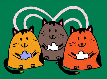 Kittens holding clouds in their paws, colored doodle, Scandinavian style, pink heart on the background,のイラスト素材