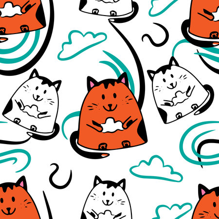 Seamless pattern with cats, kittens holding clouds in their paws, colored doodle, Scandinavian styleのイラスト素材
