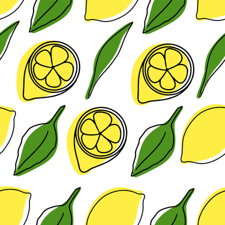 Seamless lemon pattern, exotic fruit, summer tropical fruit set, lemon leaves, network vector...