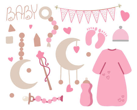 A set for a themed holiday of a newborn. A collection for babies of a girl. Baby care, feeding, clothing, toys, safety, accessories. Vector drawings isolated on a white background.のイラスト素材