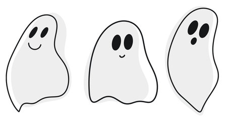 Halloween Ghost Silhouette Set, Ghost Collection, White Background, Vector Illustration, Doodle...