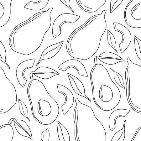 Seamless avocado pattern, exotic fruit, summer tropical fruit set, network vector illustration, fruit icons, white background, flat icon, single lines, doodle graphics, pattern graphicsのイラスト素材