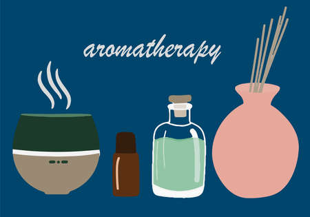 Collection of elements for face and body massage, oil, aroma diffuser, aroma lamp, a set of beauty illustrations, spa and wellness therapy, cartoon flat illustration, body care, vector beauty iconsのイラスト素材
