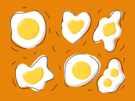 Set of fried eggs, a collection of soft-boiled eggs. Delicious and healthy breakfast of eggs. The concept of proper and healthy nutrition. Vector illustrations in cartoon flat style.のイラスト素材