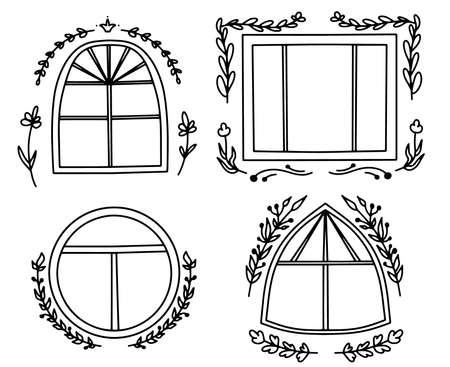 Big panoramic window and beautiful, flower frames around the window, Collection of windows for princesses. Cute windows for houses. Vector illustration in modern doodle styleのイラスト素材