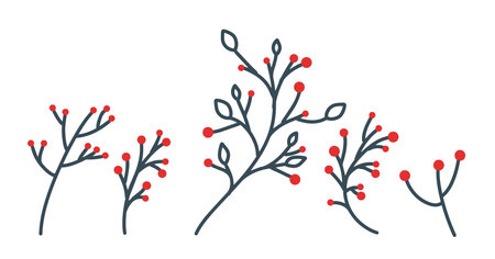 Collection of hand-drawn Christmas decorations. Holly, red berries, Christmas ball. A beautiful vector set of twigs with red berries for creating postcard designs, invitations and more.のイラスト素材