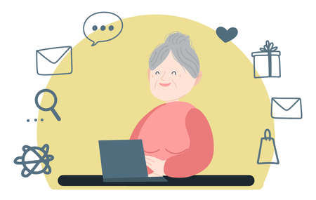 Happy grandmother with a laptop is sitting at the table and laughing. Vector illustration on a yellow background with a set of social network icons. The concept of teaching old people to use gadgets.のイラスト素材