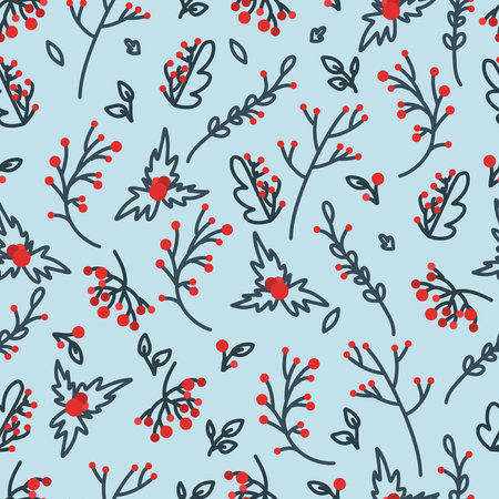 Cozy winter decor with red berries in the style of lines. Decorative elements for the design of postcards, invitations and much more. Vector is a collection of hand-drawn Christmas decorations.のイラスト素材