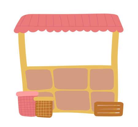A showcase stall for the sale of various products at the local street market. A stall with a pink visor. The concept of selling products at fairs. Flat vector illustration.のイラスト素材