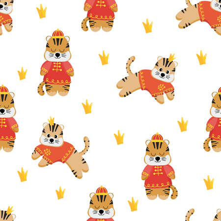 The symbol of the new year 2022, the Chinese Tiger. Vector illustration of a cartoon tiger. A small predatory animal for design. Flat style. Isolated design on a white background. Vector illustrationのイラスト素材