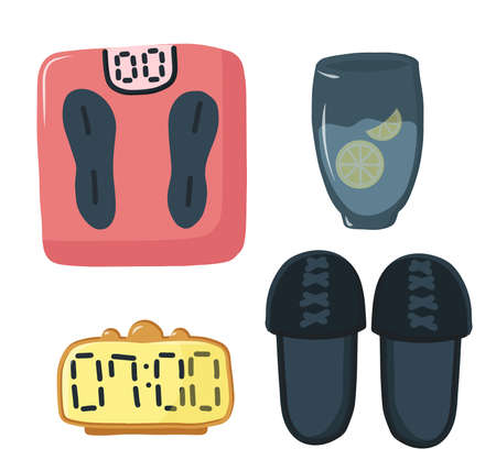 Set of good morning and self-care. Morning routine. Good habits for every day. Weight tracking, a glass of water, an alarm clock and comfortable slippers. Vector flat illustration in cartoon styleのイラスト素材