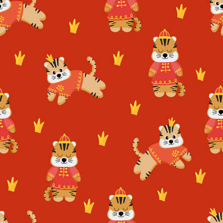 The symbol of the new year 2022, the Chinese Tiger. Vector illustration of a cartoon tiger. A small predatory animal for design. Flat style. Isolated design on a white background.のイラスト素材